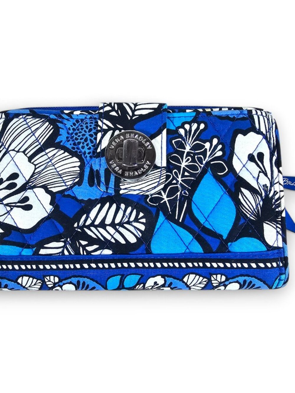 Vera Bradley Turnlock Wallet Blue Bayou Blue White Bold Floral Quilted Fabric